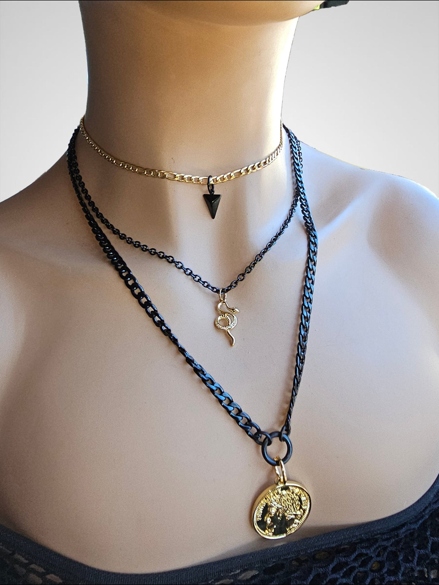 Black Steel Gold Layered Multi Strand Grunge Alt Pagan Goth Choker Chain Necklace Set | Snake and Coin Pendant Handmade Jewelry gift for her