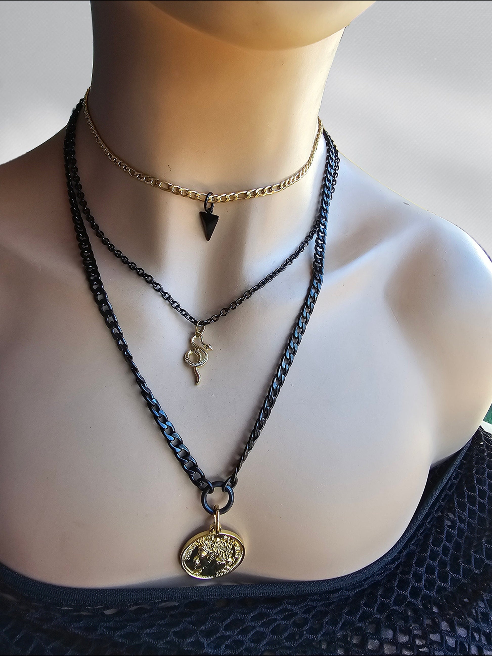 Black Steel Gold Layered Multi Strand Grunge Alt Pagan Goth Choker Chain Necklace Set | Snake and Coin Pendant Handmade Jewelry gift for her