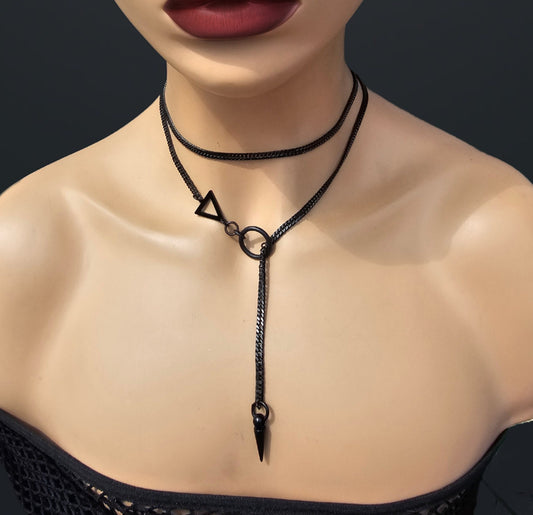 Black Steel Lariat Choker Wrap Necklace with Spike pendant | Dark Academia Aesthetic statement handmade jewelry gift for her, Punk & Gothic