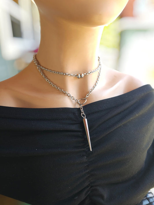 Steel Spike Wrap Lariat Layered Gothic Punk Slip Chain Choker Collar Necklace | Handmade Multi Strand Grunge Jewelry gift for her