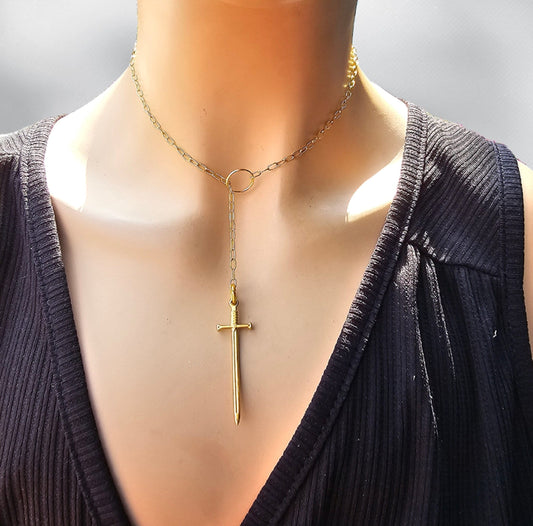 Gold Filled Chain Lariat Goth Alt Necklace Set with Sword pendant | great punk style y2k statement necklace gift for her