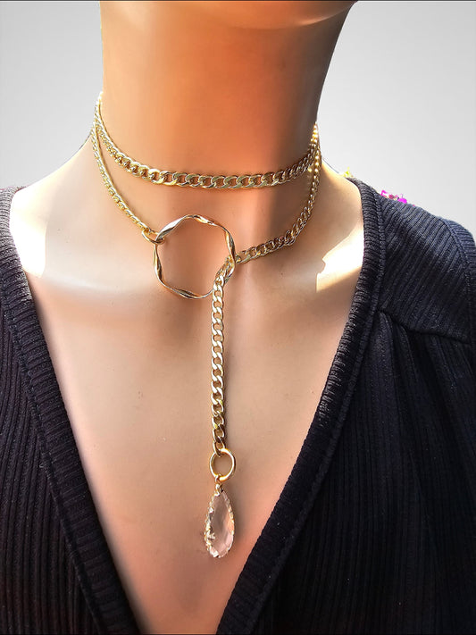 Gold Filled Chain Lariat Wrap Necklace with Crystal pendant | great Y2K classy style statement necklace gift for her