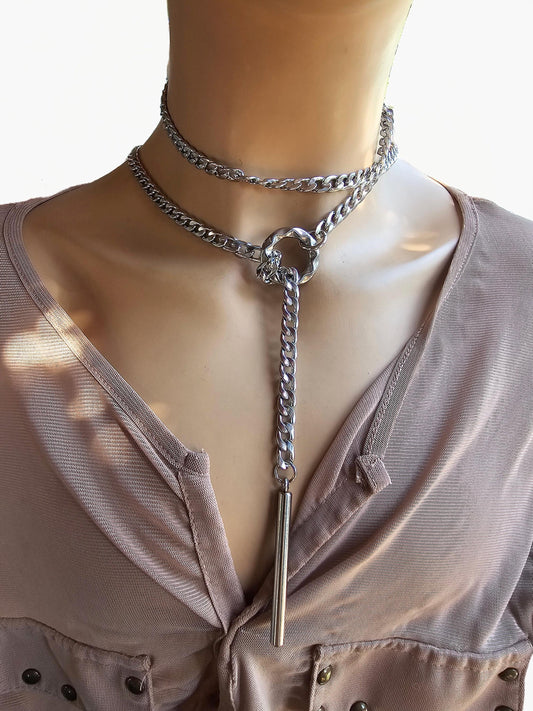 Steel Lariat Chunky Chain Layered Slip Chain Bar Pendant Choker Wrap Necklace,a Handmade Multi Layer Gothic Chunky Bondage Day Collar