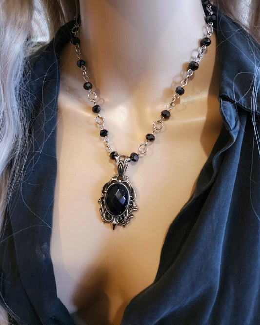 Black Steel Gothic Blue Goldstone Pendant Layered Beaded Necklace | Victorian statement punk aesthetic handmade jewelry gift for her