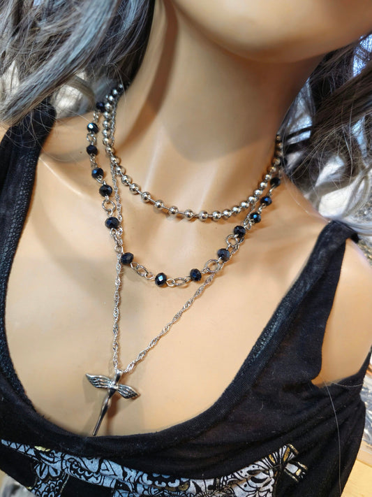 Steel Fairy Goth Choker Layered Necklace Set with Obsidian beads, a nice fairycore y2k style jewelry necklace gift for her