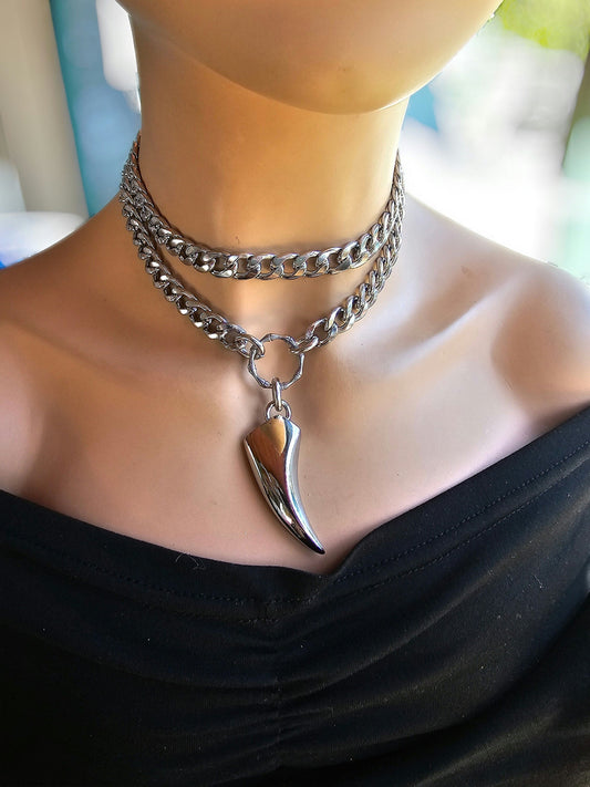 Steel Talon Gothic Punk Aesthetic Chunky Chain Necklace - Wolf tooth cat Claw | A Goth, Grunge Jewelry Statement gift for her gift for him