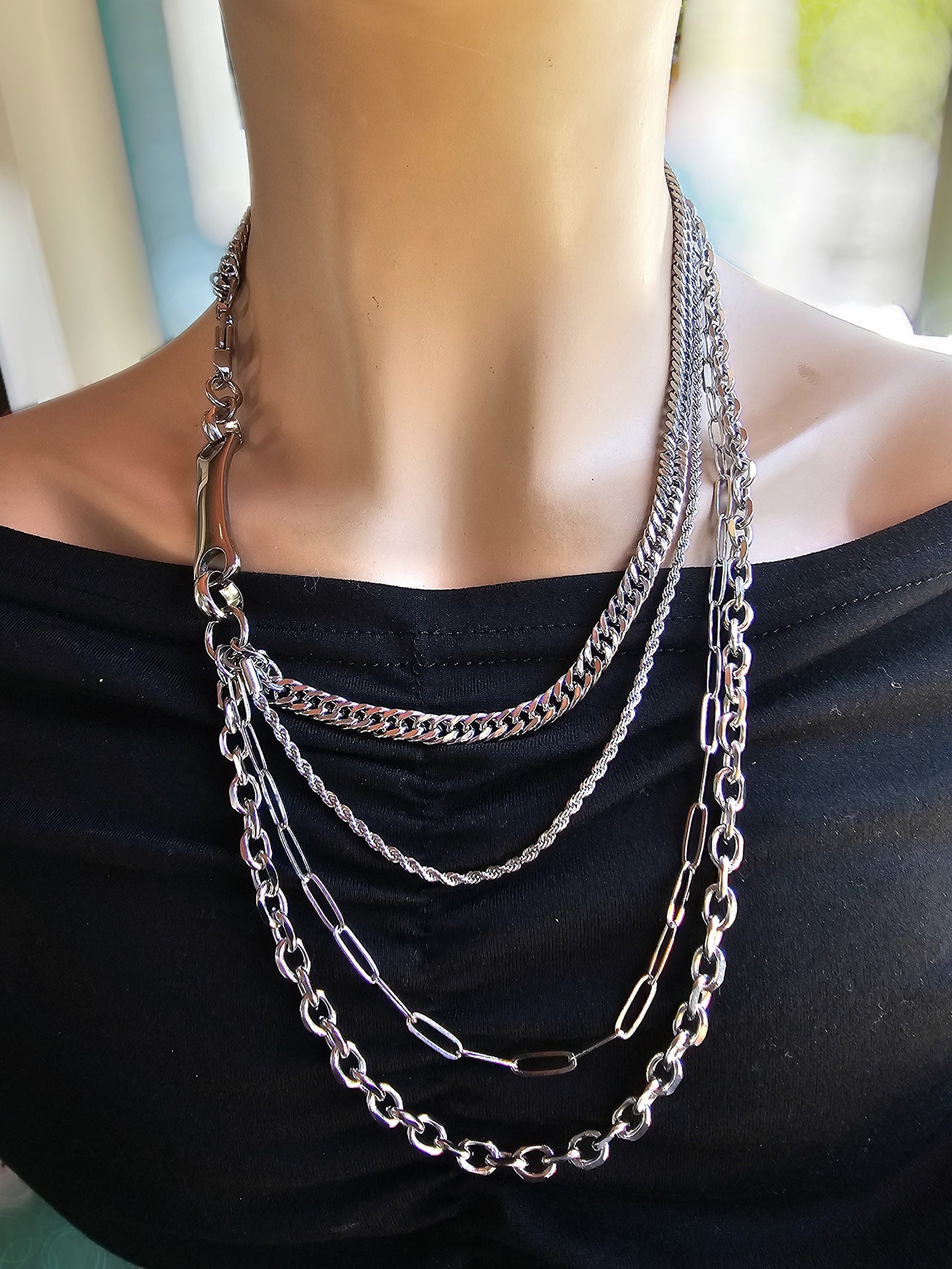 Layered Multi Strand Chunky Chain Gothic Choker Collar Convertible Back Necklace Set - Handmade edgy aesthetic jewelry gift for her