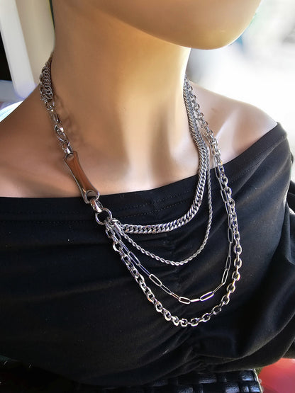 Layered Multi Strand Chunky Chain Gothic Choker Collar Convertible Back Necklace Set - Handmade edgy aesthetic jewelry gift for her