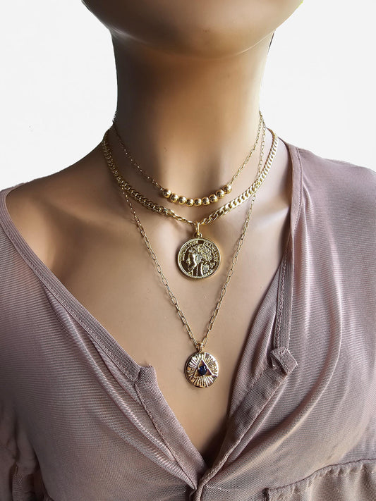 Gold Layered Necklace Set with Coin Medallion and beaded chain | Lead & Nickel Free, A great multistrand gift for her, boho style