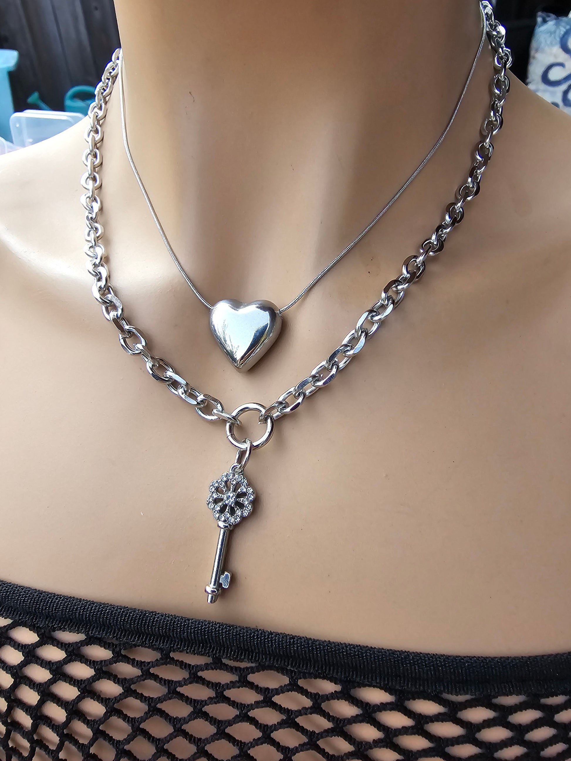 Steel Heart & Key Layered Multi Strand Chain Necklace Set | non tarnish waterproof hypoallergenic Handmade Y2K Jewelry gift for her