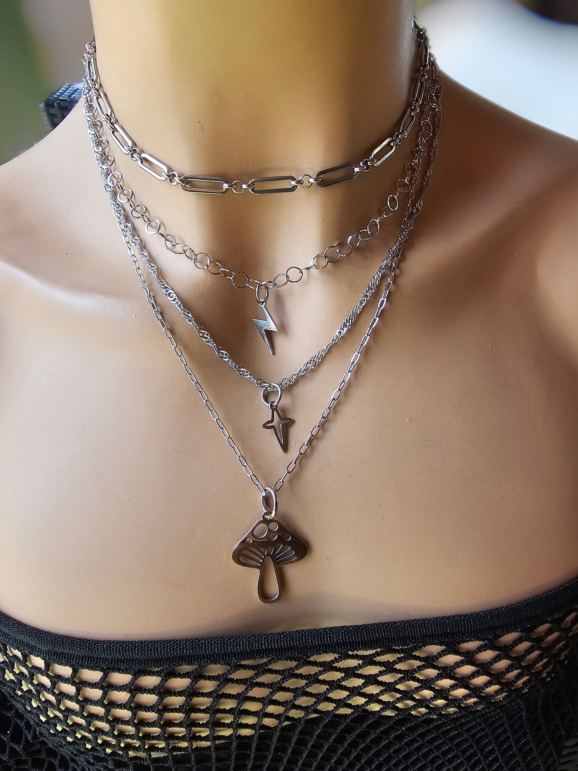 Steel Layered Y2K Mushroom Shroomie Grunge Multi Strand Choker Necklace Set | waterproof Handmade stacked grunge polaris Jewelry