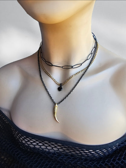 Steel Gold Layered Multi Strand Grunge Alt Goth Choker Chain Necklace Set | non tarnish waterproof Handmade Jewelry gift for her