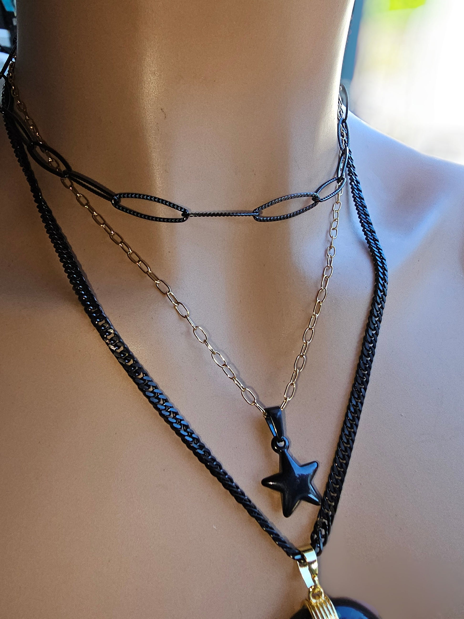 Steel Gold Layered Multi Strand Grunge Alt Pagan Goth Choker Chain Necklace Set | Witchy Horn Moon Star Handmade Jewelry gift for her