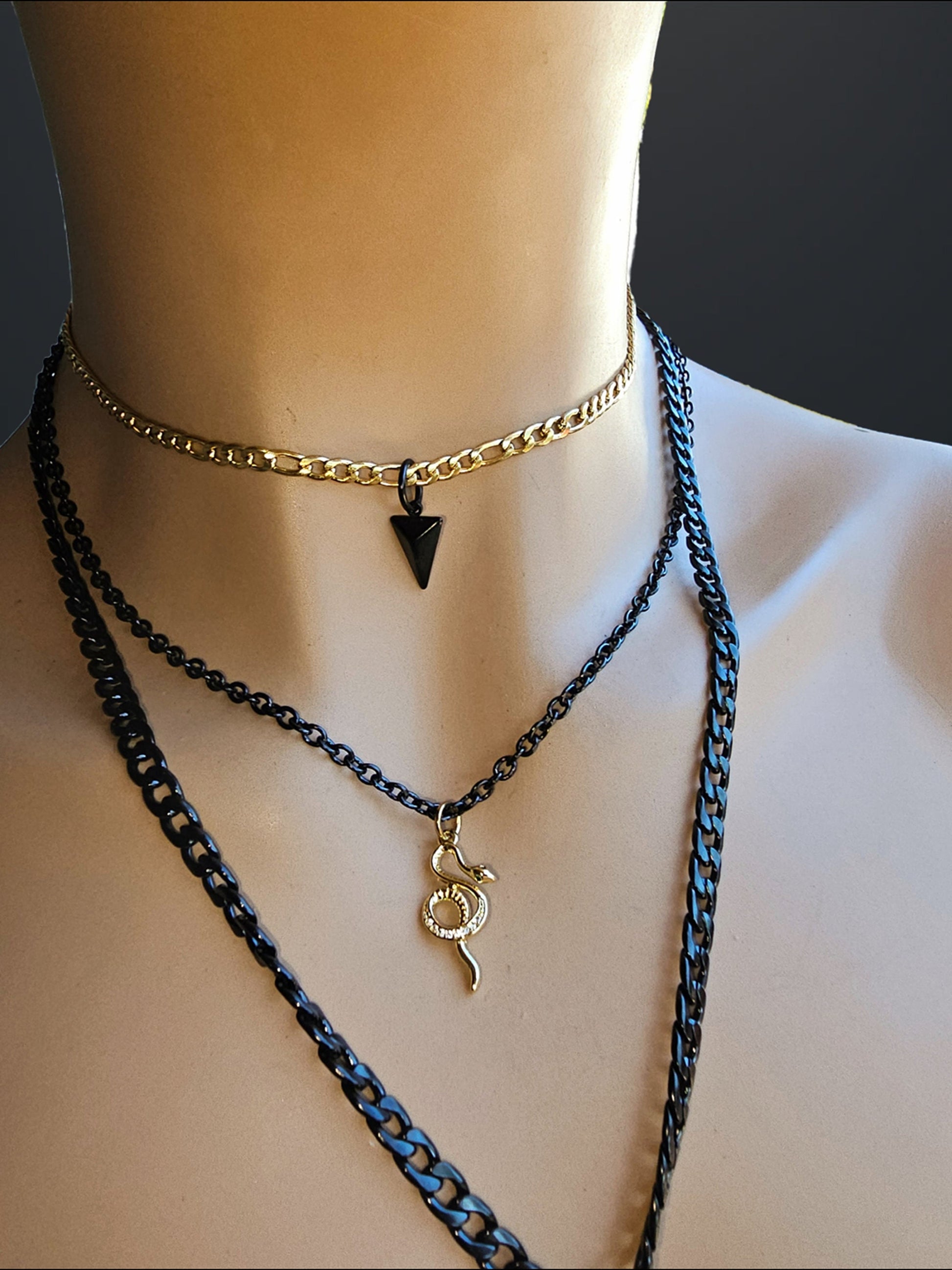 Black Steel Gold Layered Multi Strand Grunge Alt Pagan Goth Choker Chain Necklace Set | Snake and Coin Pendant Handmade Jewelry gift for her