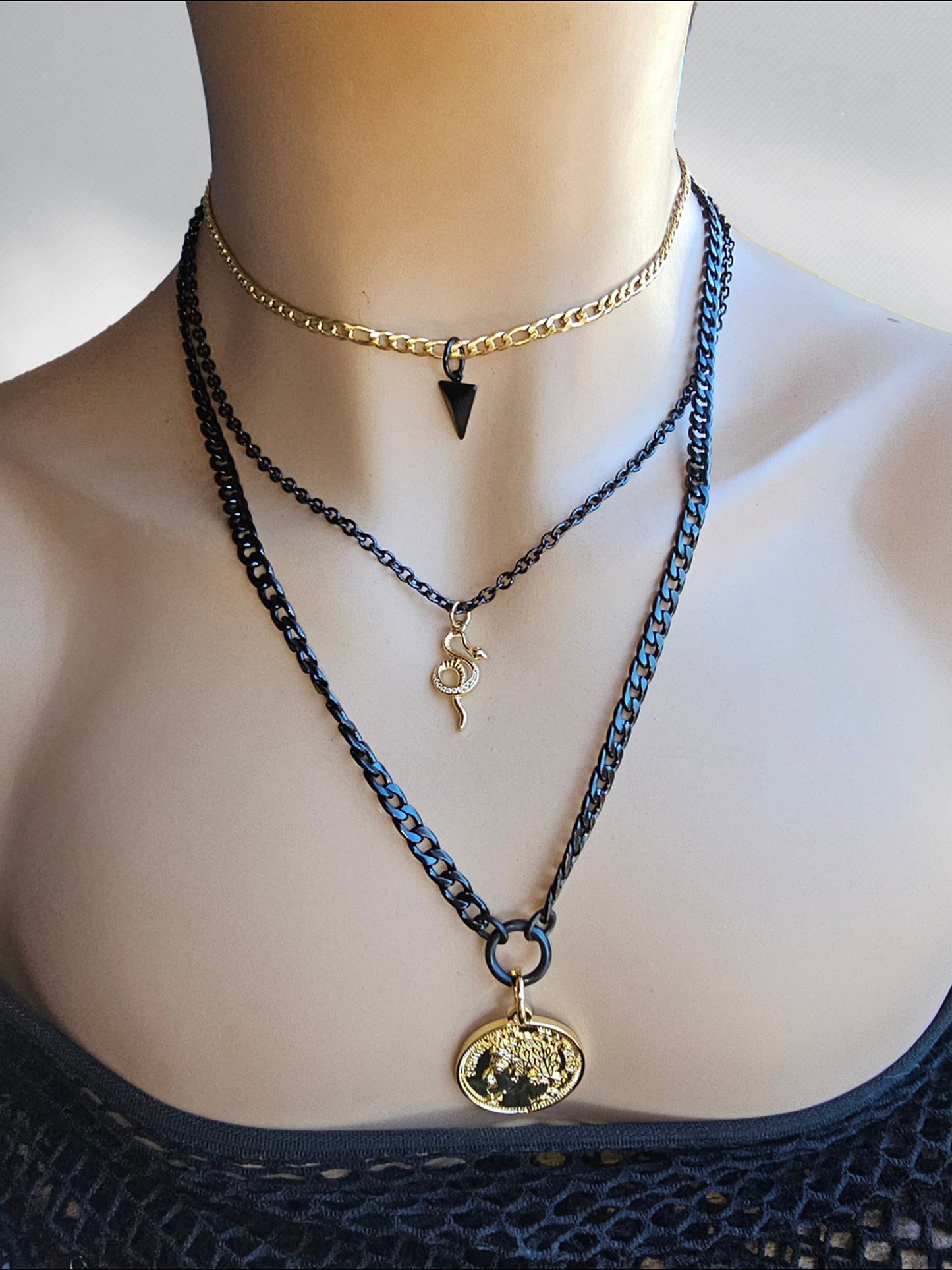 Black Steel Gold Layered Multi Strand Grunge Alt Pagan Goth Choker Chain Necklace Set | Snake and Coin Pendant Handmade Jewelry gift for her