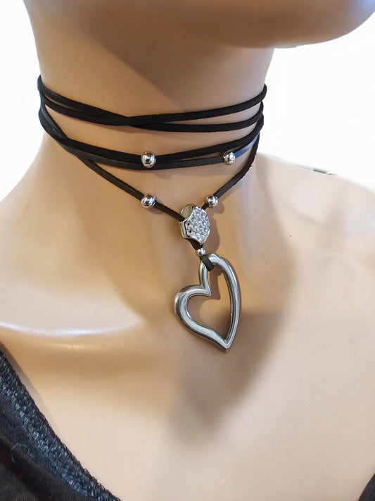 Black Vegan Leather Wrap Tie Indie Boho Bolero Collar Choker Layered Necklace with Heart - Handmade Aesthetic Jewelry Gift for Her