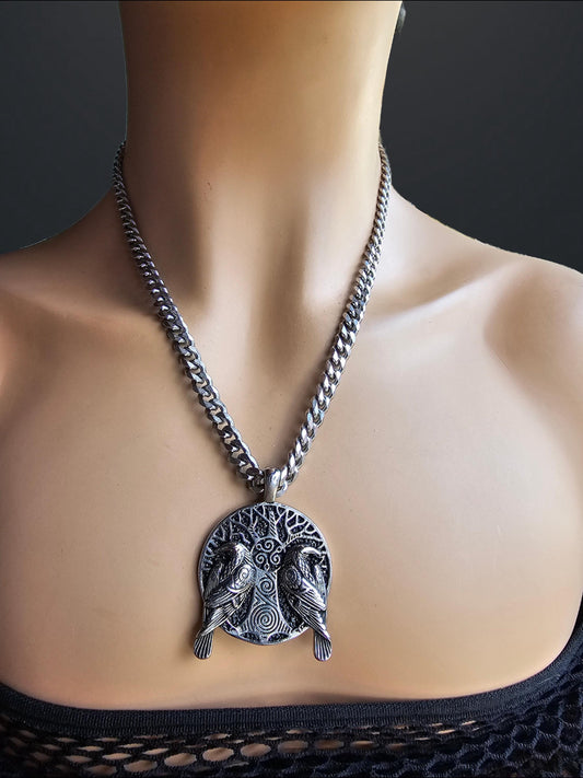 Viking Odins Raven Steel Norse Necklace with Tree of Life | Huginn & Muninn aesthetic statement gift for her, gift for him