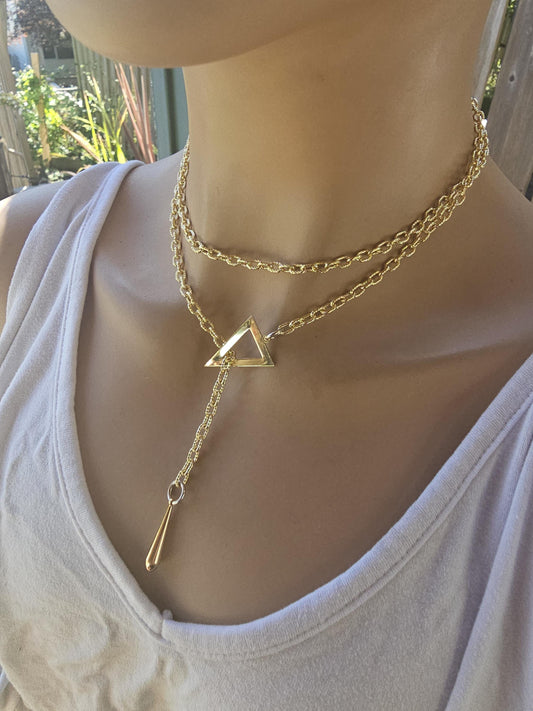 Gold Lariat Dainty Choker Wrap Necklace with Triangle and Drop | Minimalist Boho Y2K Aesthetic handmade jewelry gift for her