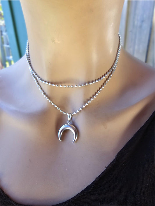 Steel Horn Moon Non-Tarnish Ball Chain Layered Wrap 3-Way Pagan Witchy Goth Choker Necklace - Punk Grunge Alt Aesthetic Waterproof Jewelry