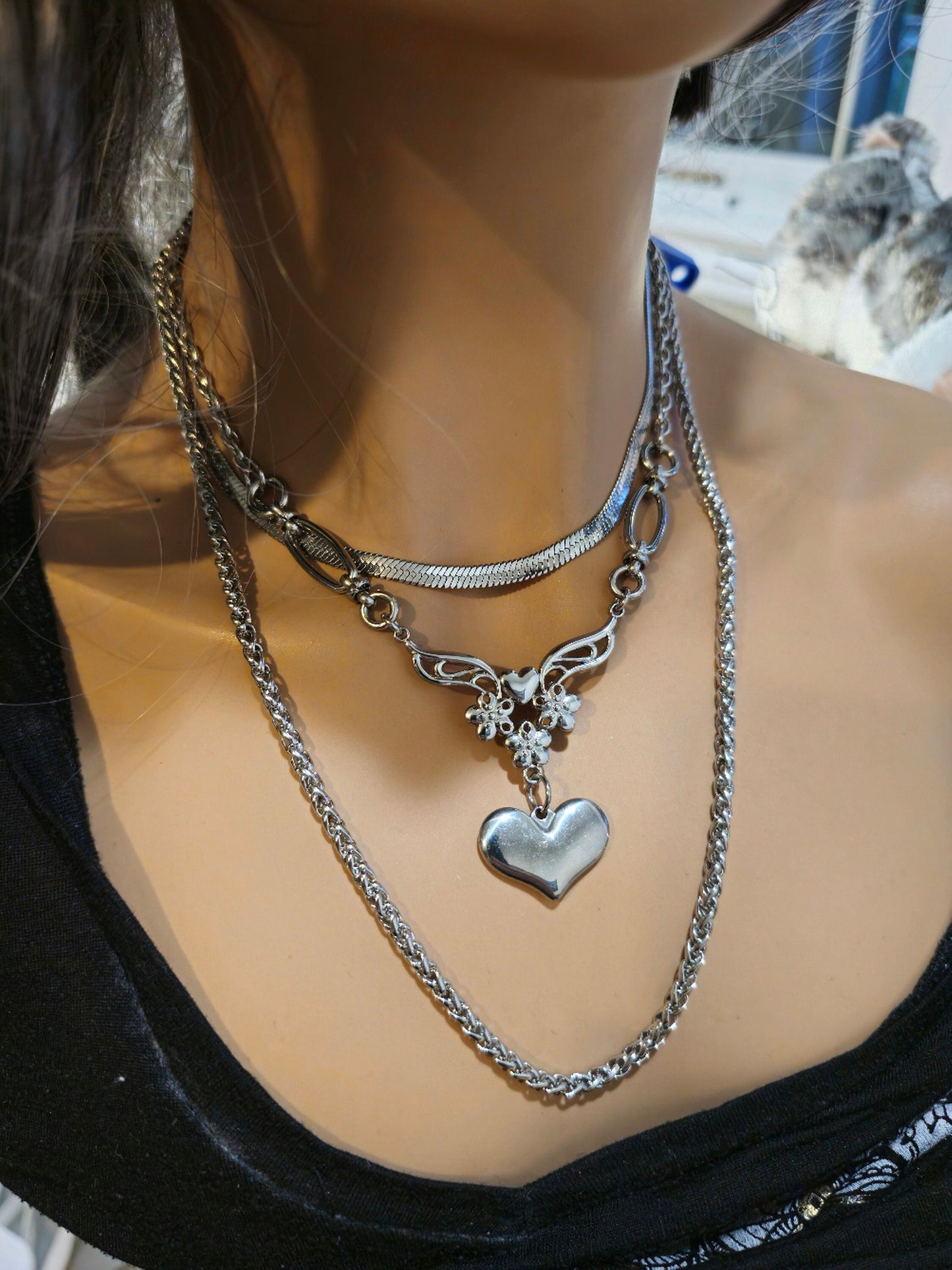 Silver Steel Layered Heart Multi Strand Chain Necklace Set | non tarnish waterproof Handmade Jewelry gift for her, love jewelry