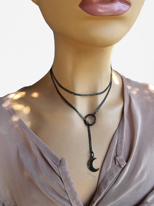 Black Steel Moon Gothic Lariat Choker Wrap Necklace | Dark Academia and Grunge Pagan Witch Aesthetic statement handmade jewelry gift for her