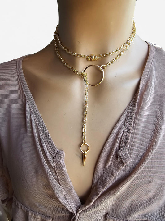 Gold Spike Lariat Dainty Choker Wrap Necklace | Goth Punk Grunge Aesthetic handmade jewelry gift for her