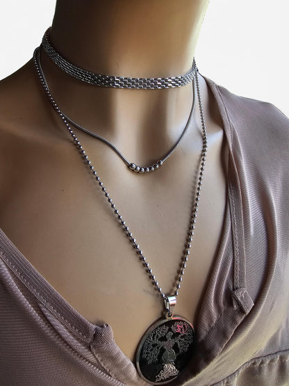 Steel Tree of Life Goddess Medallion Layered Multi Strand Chunky Chain Gothic Choker Necklace Set - Handmade aesthetic jewelry gift for her