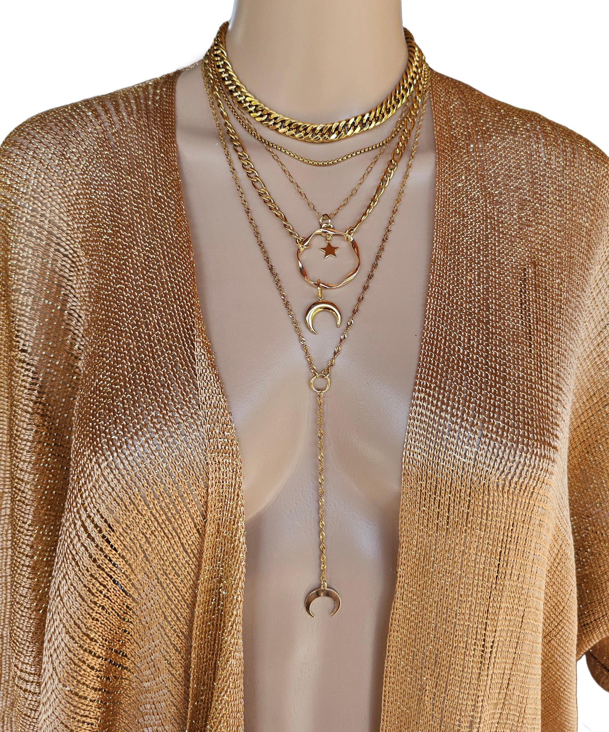 Gold Layered Horn Moon Multi Strand Chain Necklace Set | Handmade Pagan Jewelry gift for her, Witchy moon jewelry