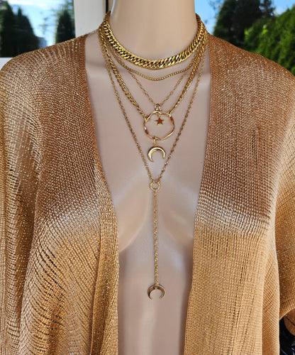 Gold Layered Horn Moon Multi Strand Chain Necklace Set | Handmade Pagan Jewelry gift for her, Witchy moon jewelry