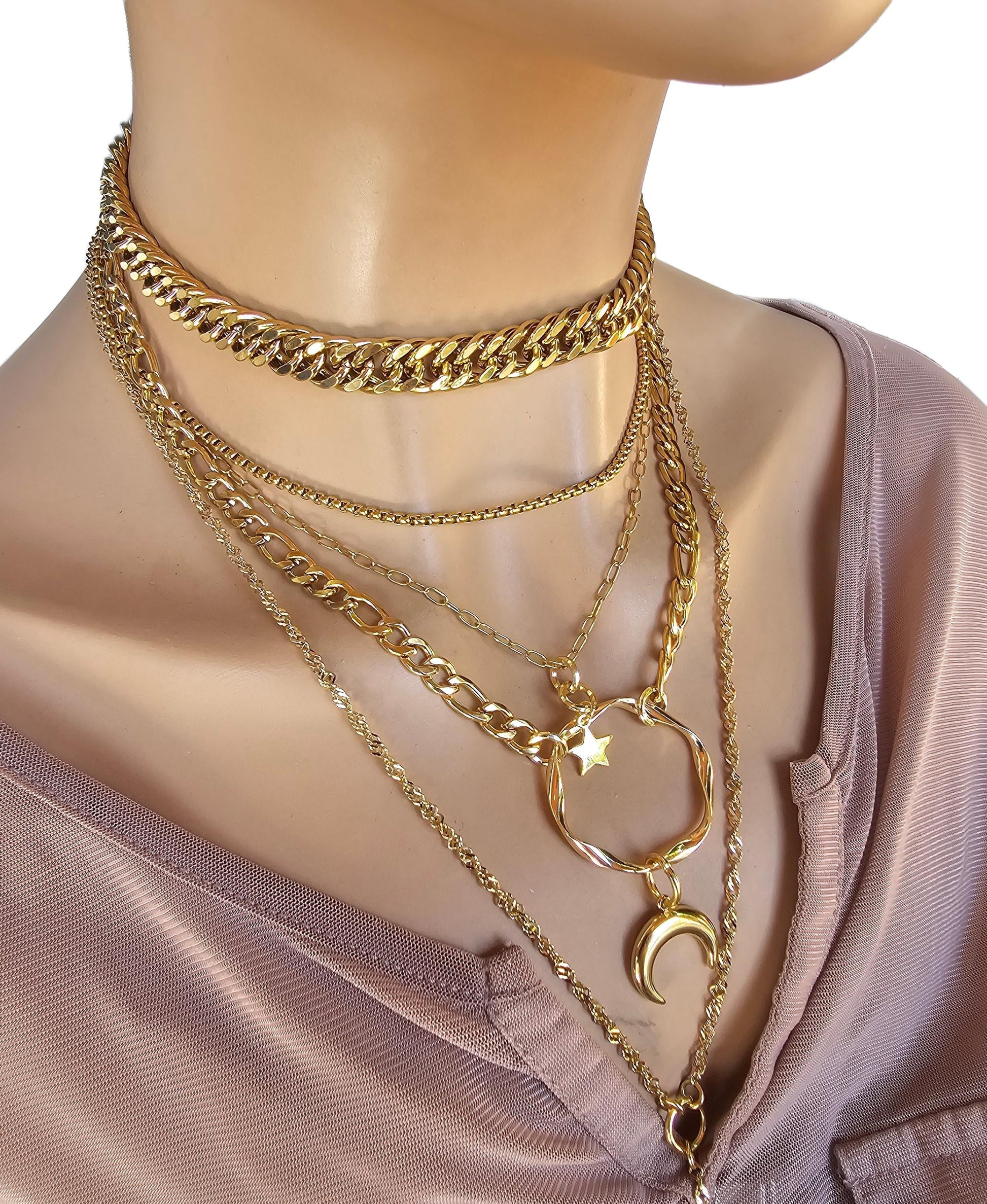 Gold Layered Horn Moon Multi Strand Chain Necklace Set | Handmade Pagan Jewelry gift for her, Witchy moon jewelry