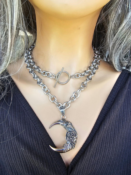 Steel Goth Moon Collar Choker Pagan Grunge Layered Toggle Necklace - Witchy Necklace handmade gothic witch jewelry gift for her