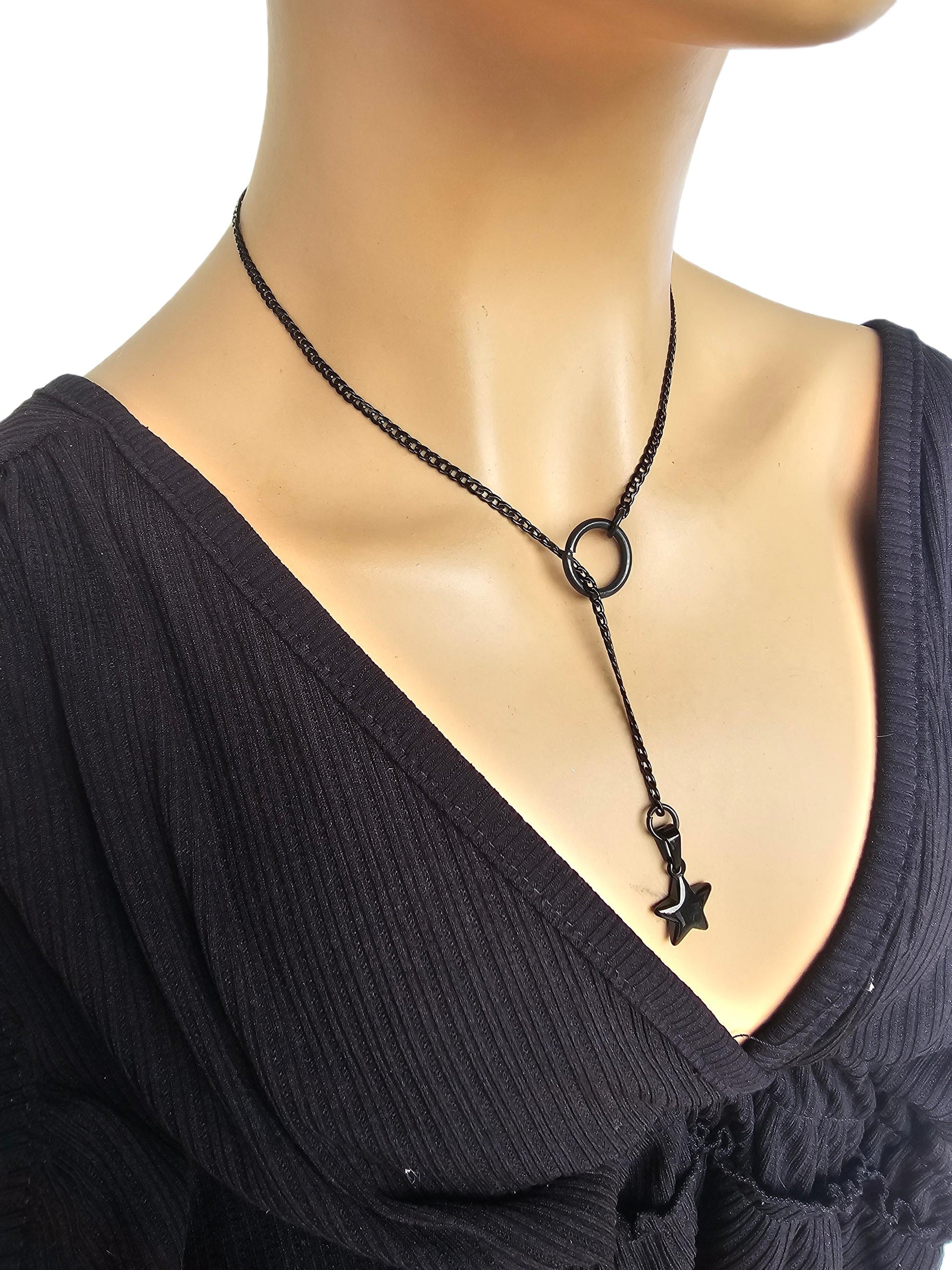 Black Steel Star Gothic Lariat Choker Wrap Necklace | Dark Academia and Grunge Pagan Witch Aesthetic statement handmade jewelry gift for her