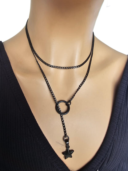 Black Steel Star Gothic Lariat Choker Wrap Necklace | Dark Academia and Grunge Pagan Witch Aesthetic statement handmade jewelry gift for her