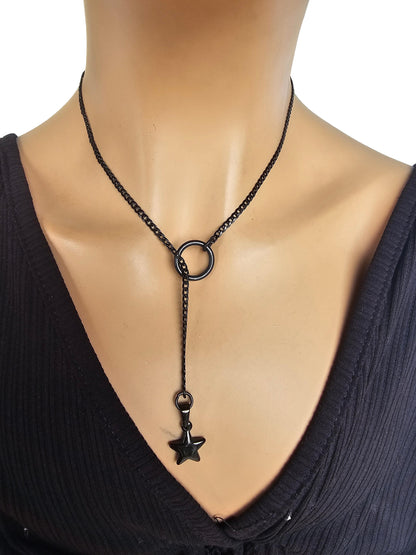 Black Steel Star Gothic Lariat Choker Wrap Necklace | Dark Academia and Grunge Pagan Witch Aesthetic statement handmade jewelry gift for her