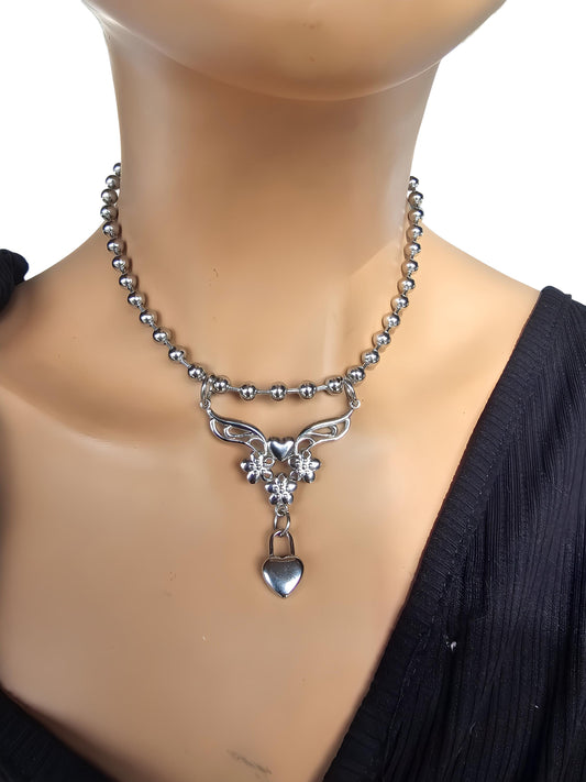 Silver Steel Ball Chain Heart Abstract Y2K Choker Necklace | Waterproof Non Tarnish Handmade Jewelry statement Christmas gift idea for her