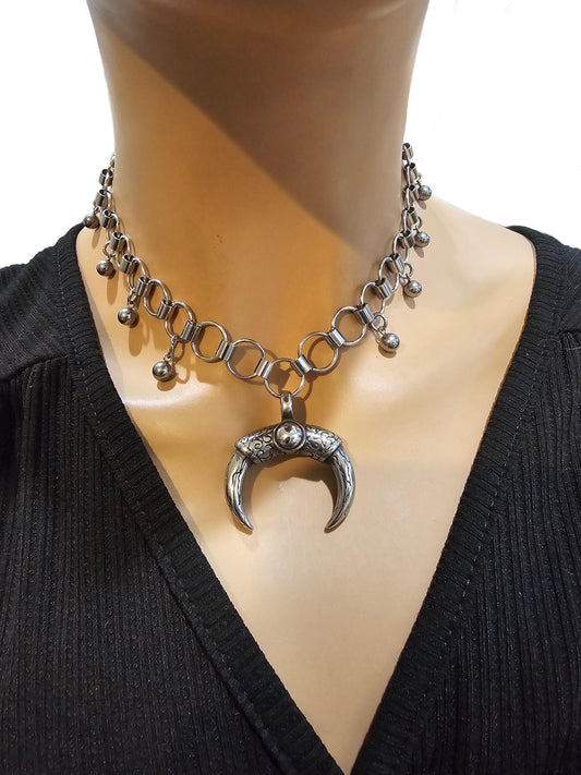 Silver Steel Double Horn Chainmail Gothic Choker Statement Necklace | Grunge punk alt aesthetic handmade jewelry Christmas gift idea for her