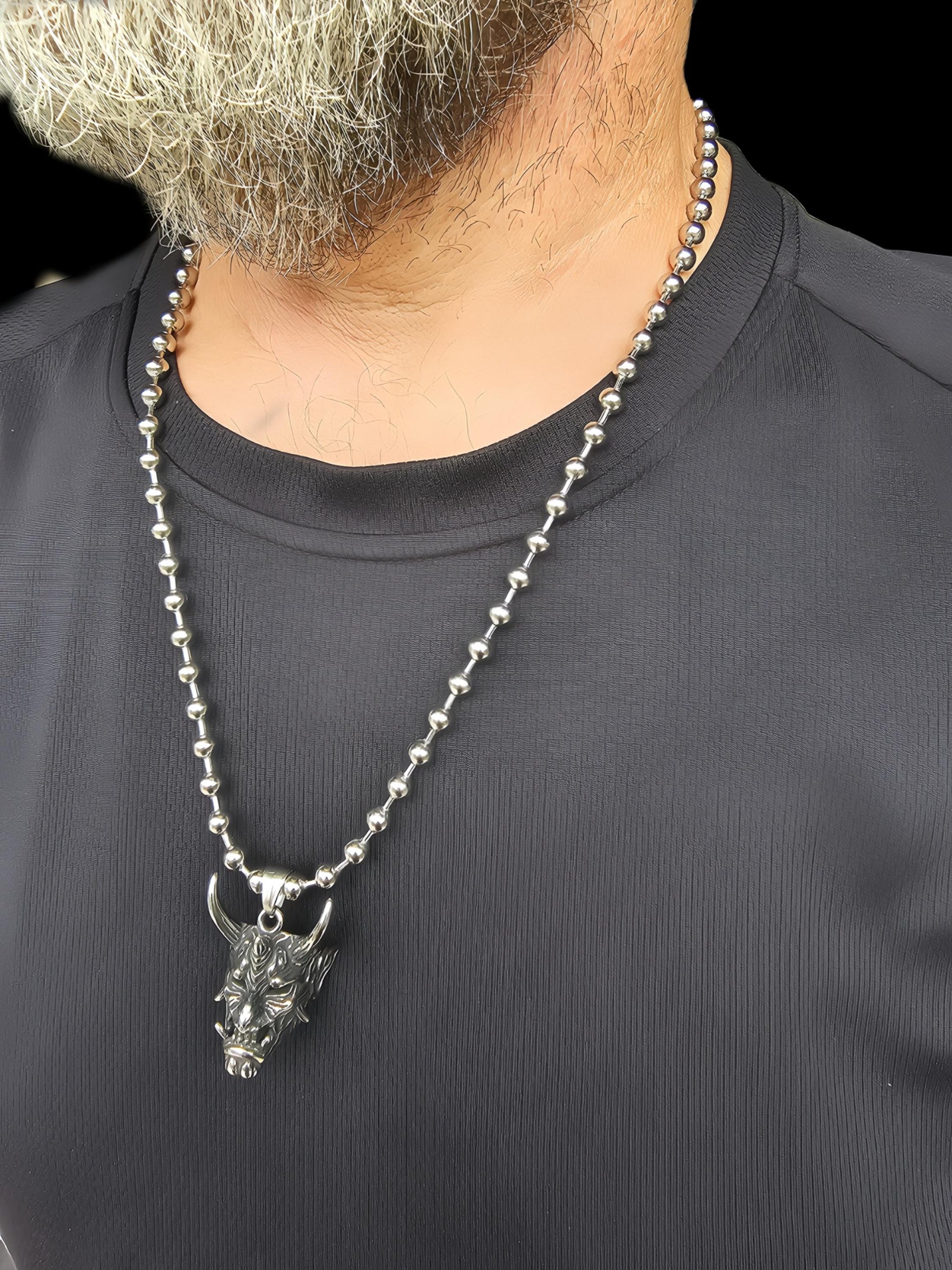 Mens Steel Norse Viking Oni Devil Gothic Punk Grunge Necklace - Handmade Goth Alt sweatproof waterproof hip hop necklace gift for him