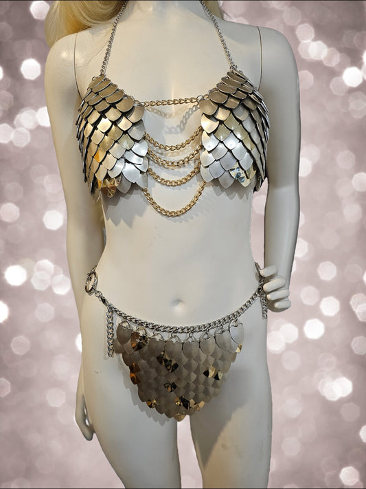 Two tone gold and champagne scalemail and chainmail metal festival bikini top