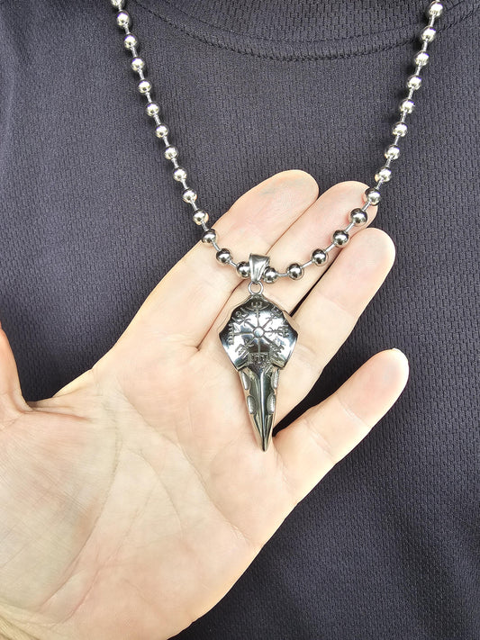 Mens Steel Norse Viking Odins Raven Skull Goth Punk Grunge Necklace - Handmade Alt sweatproof waterproof hip hop necklace gift for him