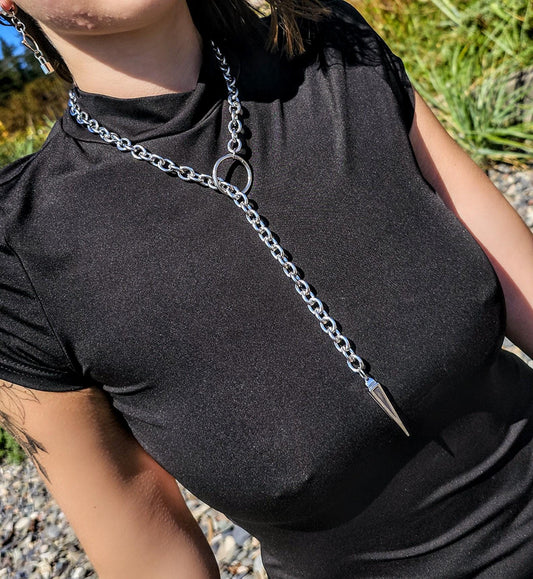 Steel Chunky Slip Chain Lariat Gothic Alt Grunge Spike Choker Collar Necklace w/ Coffin Nail - Punk, Edgy Jewelry gift for her or him