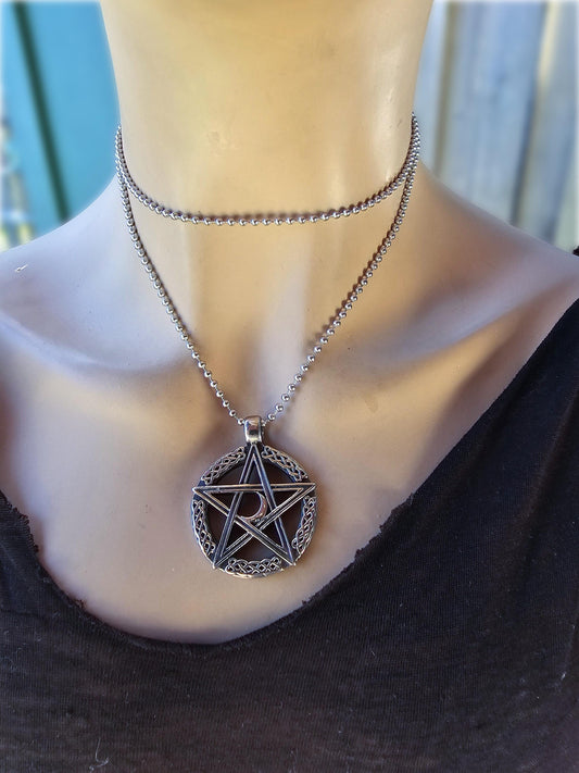 Steel Pentagram Non-Tarnish Ball Chain Layered Wrap 3-Way Pagan Witchy Goth Choker Necklace - Punk Grunge Alt Aesthetic Waterproof Jewelry