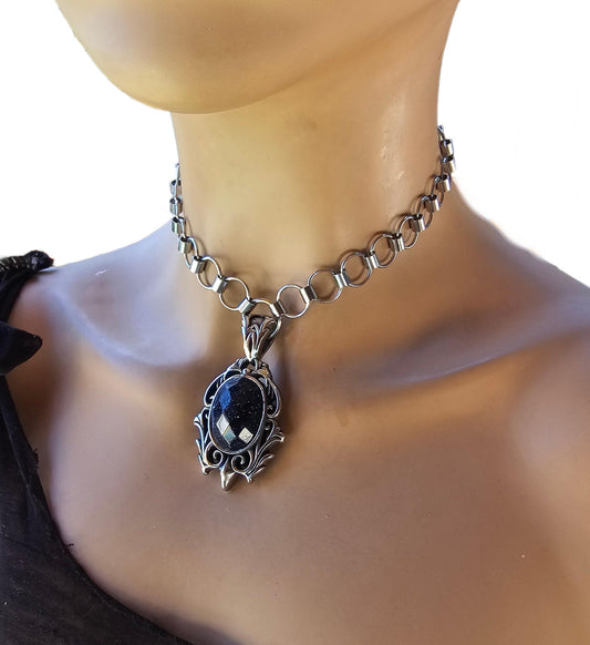 Steel Blue Goldstone Pendant Gothic Chainmail Choker Statement Necklace | punk alt aesthetic handmade jewelry gift for her