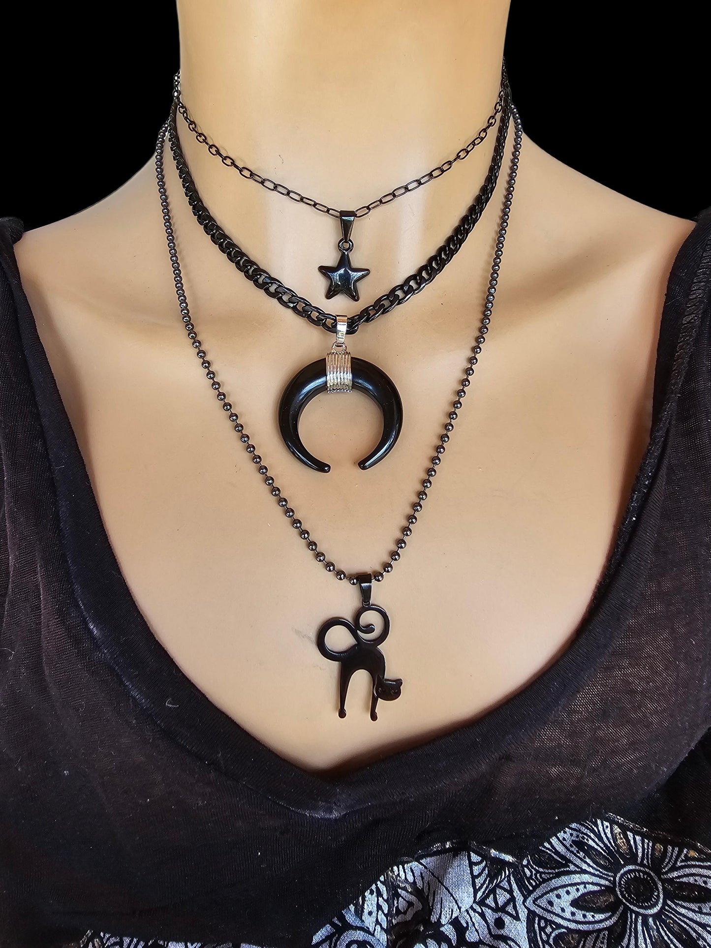 Black Steel Cat Horn Moon Star Pagan Witch Goth Punk Layered Necklace Set | Dark Academia Aesthetic Halloween Witchy jewelry gift for her,