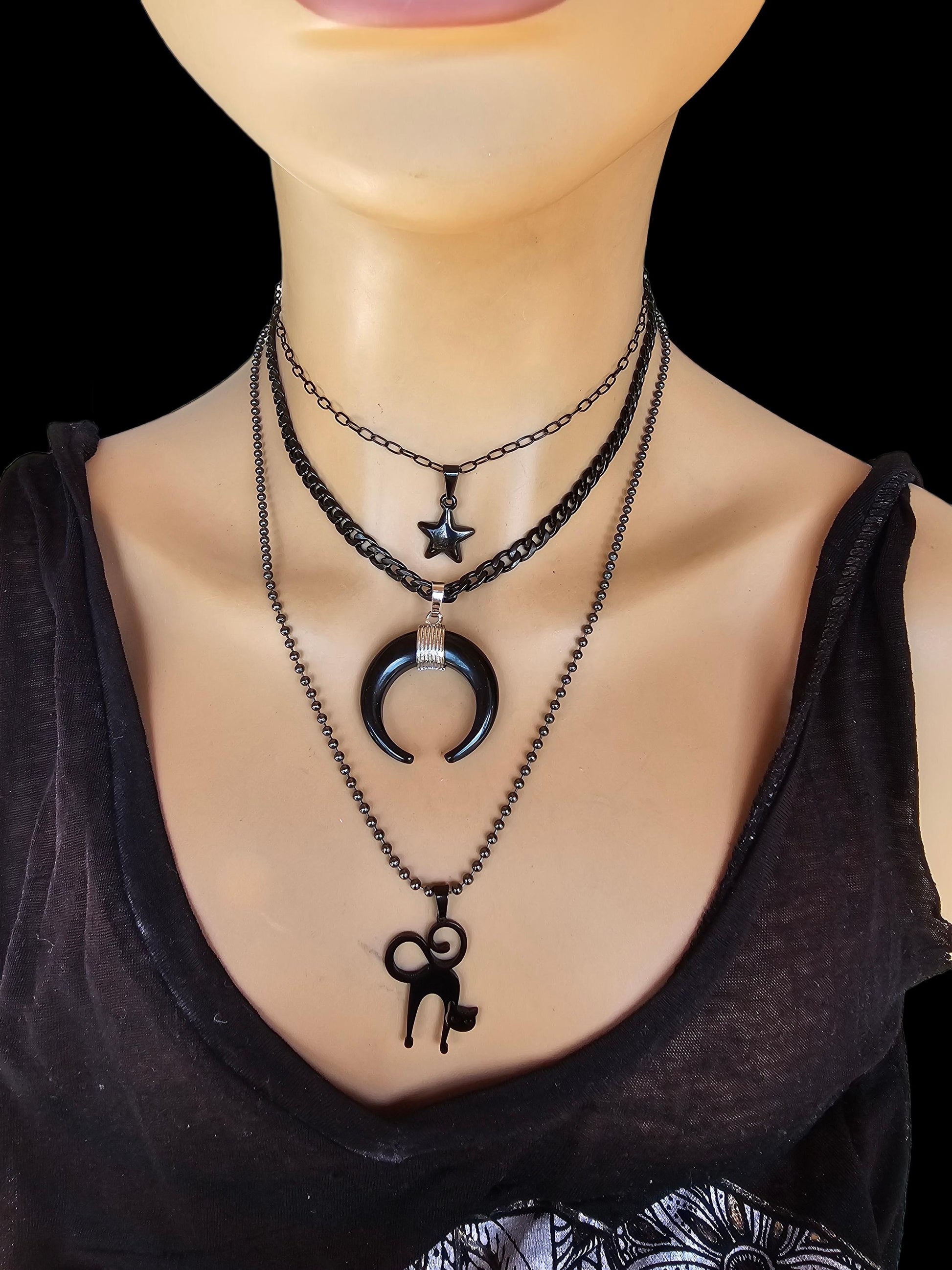 Black Steel Cat Horn Moon Star Pagan Witch Goth Punk Layered Necklace Set | Dark Academia Aesthetic Halloween Witchy jewelry gift for her,