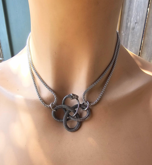 Steel Snake Medusa Ouroboros Chain Goth Punk Alt Layered Necklace - Unique Medusa aesthetic handmade jewelry statement gift for her