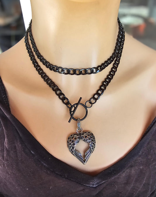 Black Steel Lariat Choker Wrap Necklace Set Heart pendant | Dark Academia Aesthetic statement handmade jewelry gift for her, Punk and Gothic