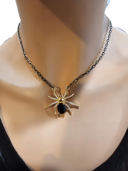 Black & Gold Spider Halloween Cubic Zirconia Goth Witchy Pendant Necklace | handmade Grunge Pagan Witch Aesthetic occult jewelry