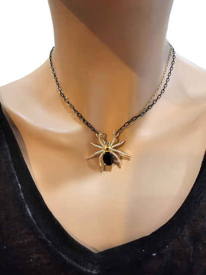 Black & Gold Spider Halloween Cubic Zirconia Goth Witchy Pendant Necklace | handmade Grunge Pagan Witch Aesthetic occult jewelry