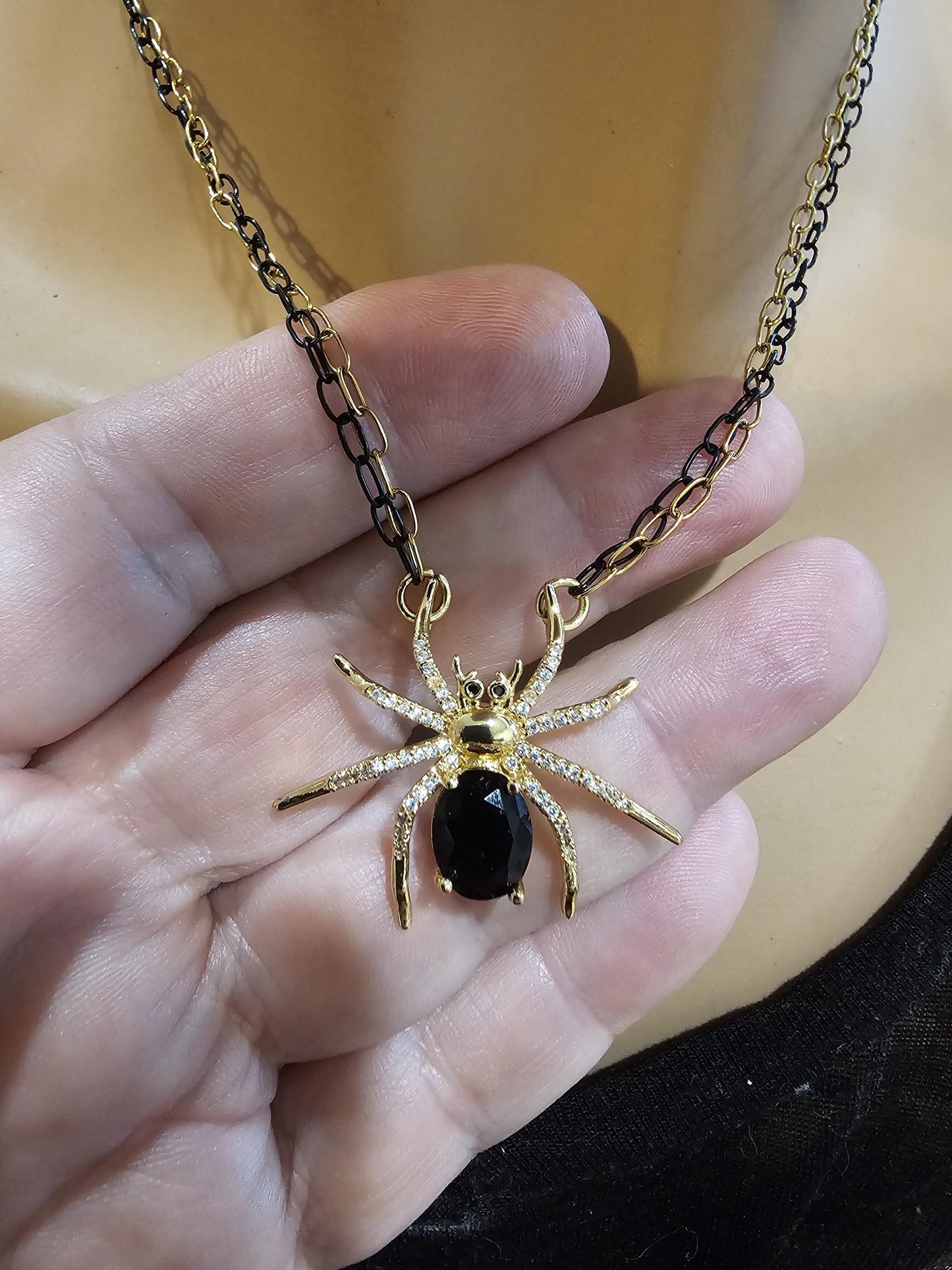 Black & Gold Spider Halloween Cubic Zirconia Goth Witchy Pendant Necklace | handmade Grunge Pagan Witch Aesthetic occult jewelry