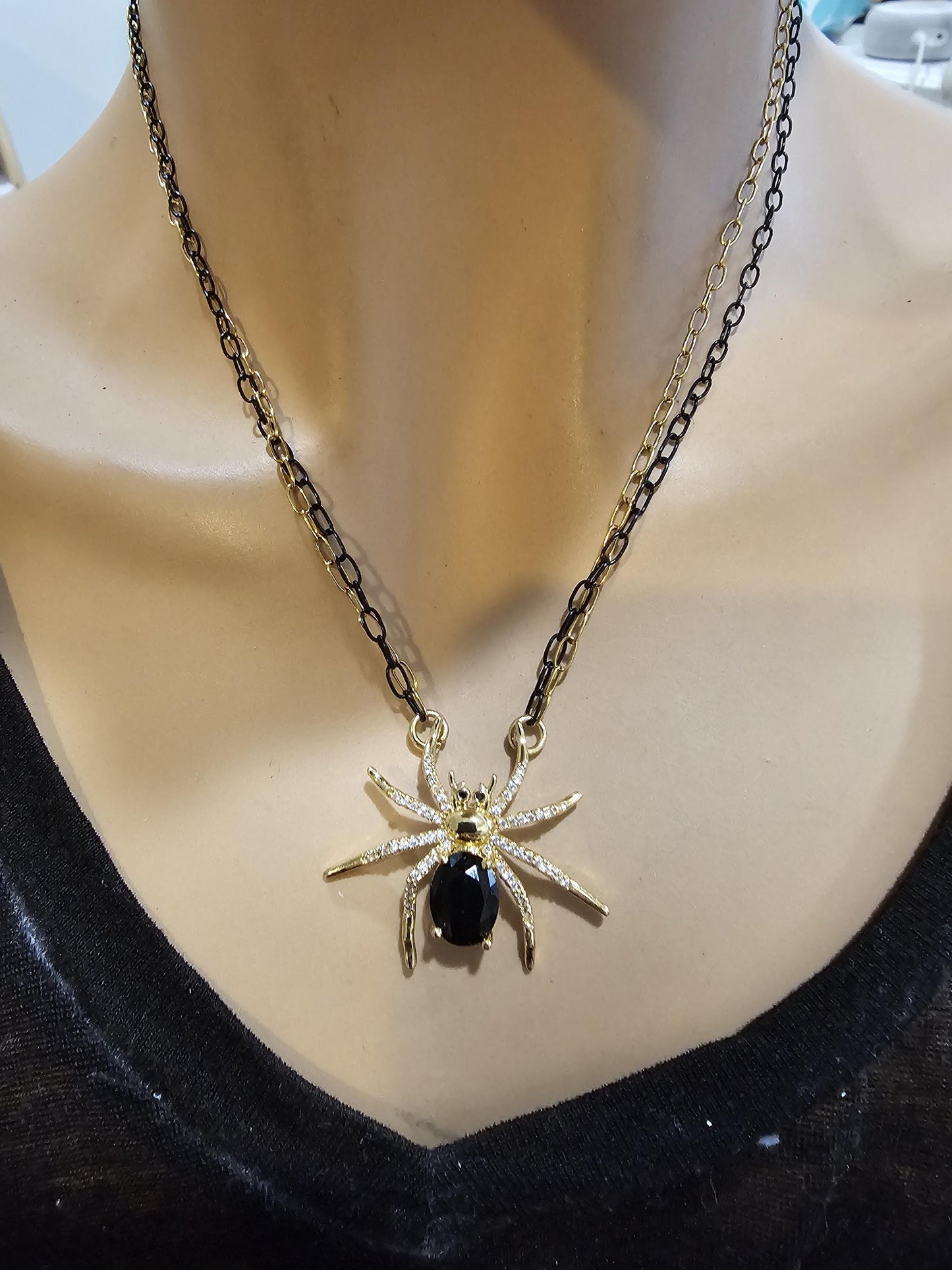 Black & Gold Spider Halloween Cubic Zirconia Goth Witchy Pendant Necklace | handmade Grunge Pagan Witch Aesthetic occult jewelry